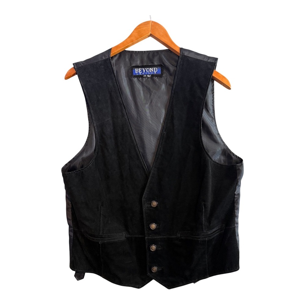 Beyond Leather Black Suede Leather Western Vest Men's M Button Front Cowboy